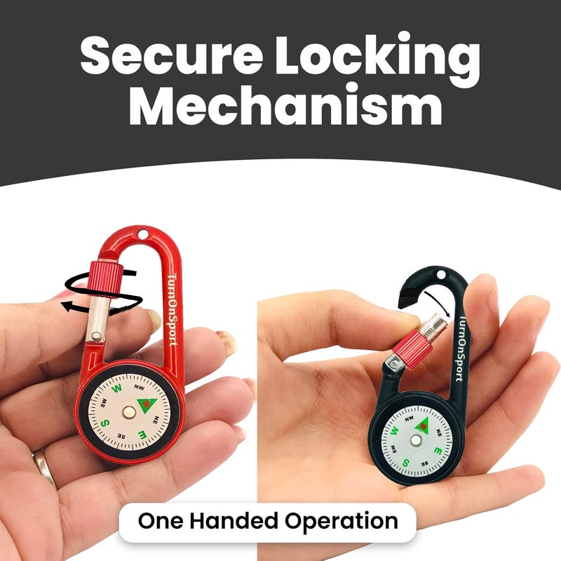 TurnOnSport Carabiner Clip On Compass Hiking - Compact Compass Keychain Backpacks | Small Pocket Magnetic Compass Keychain for Kids - Hiking Compass Twist Lock | Keyring Keychains Outdoor Survival Camping 2 pcs - Image 3